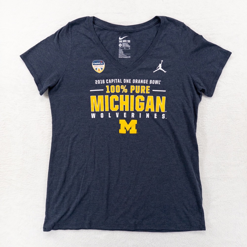 Nike Jordan Womens Michigan Wolverines T-Shirt XL Navy 2016 Orange Bowl V-Neck